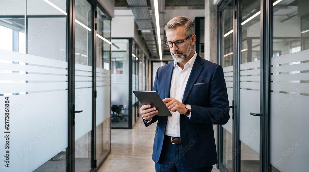 Fototapeta premium Businessman Using Digital Tablet in Modern Office Corridor