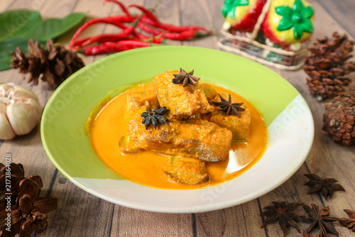Fotografie Cow's thick skin curry (gulai kikil or gulai tunjang), a popular Indonesian dish in Masakan Padang, an authentic cuisine from Padang, Indonesia