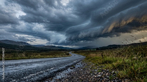 Storm clouds over winding asphalt road in dramatic mountain highway landscape