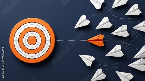 Marketing targeting strategy with paper airplanes approaching a target symbolizing precision planning, audience reach and business goals