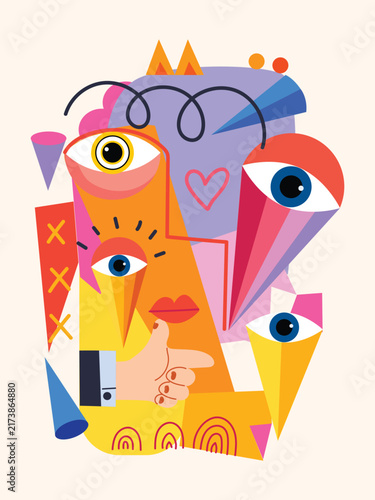Abstract colorful doodle face portrait geometric cubism patterns handdrawn art print wallpaper design. Ideal for decoration, wall art, cards, poster and background.