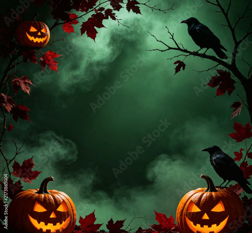 whimsical halloween frame with pumpkins and seasonal leaves