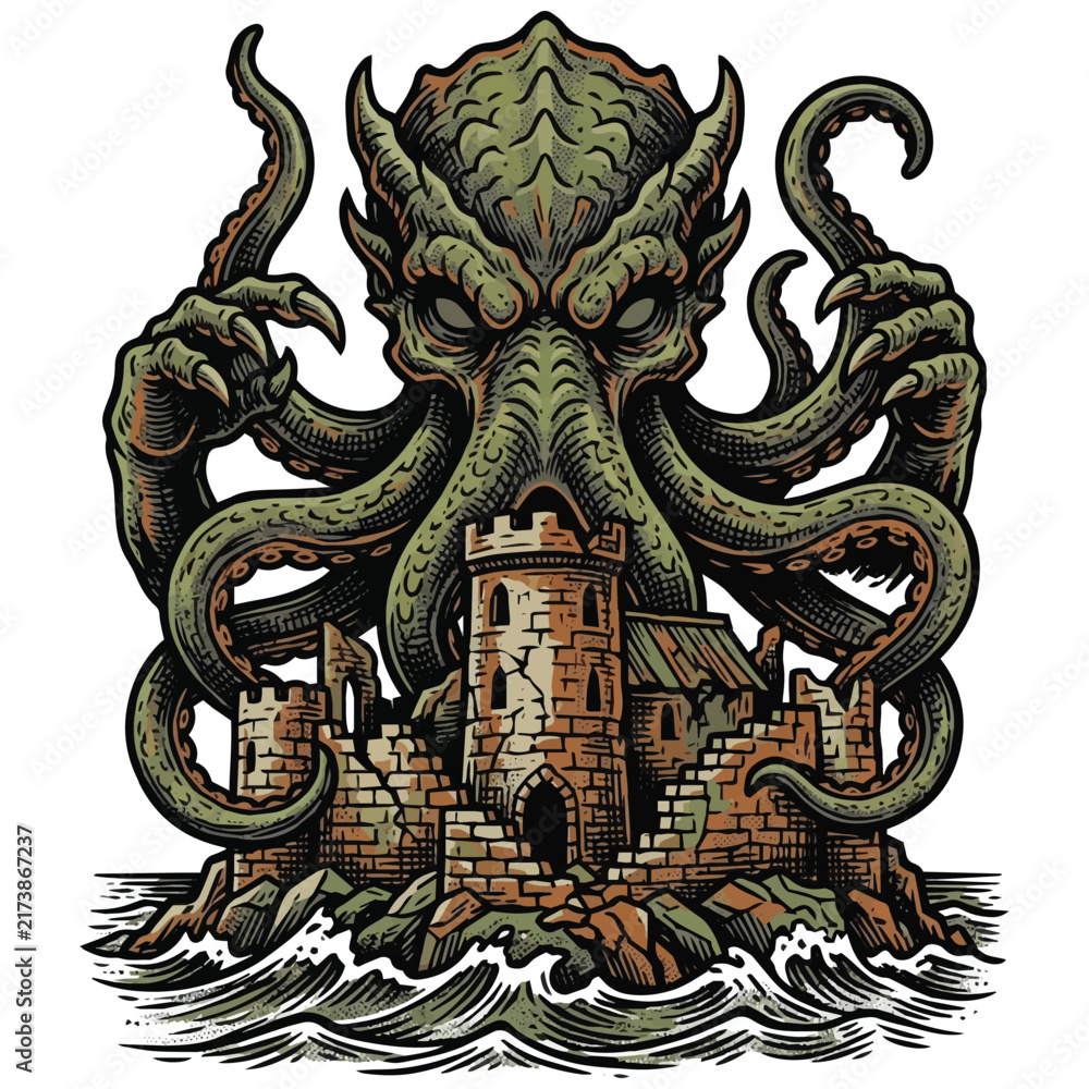 Obraz premium Monstrous Kraken Attacks Ancient Ruins on a Stormy Sea with Crashing Waves and Tentacles