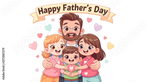 Happy Father's Day Cute Cartoon Family with Dad, Mom and Children