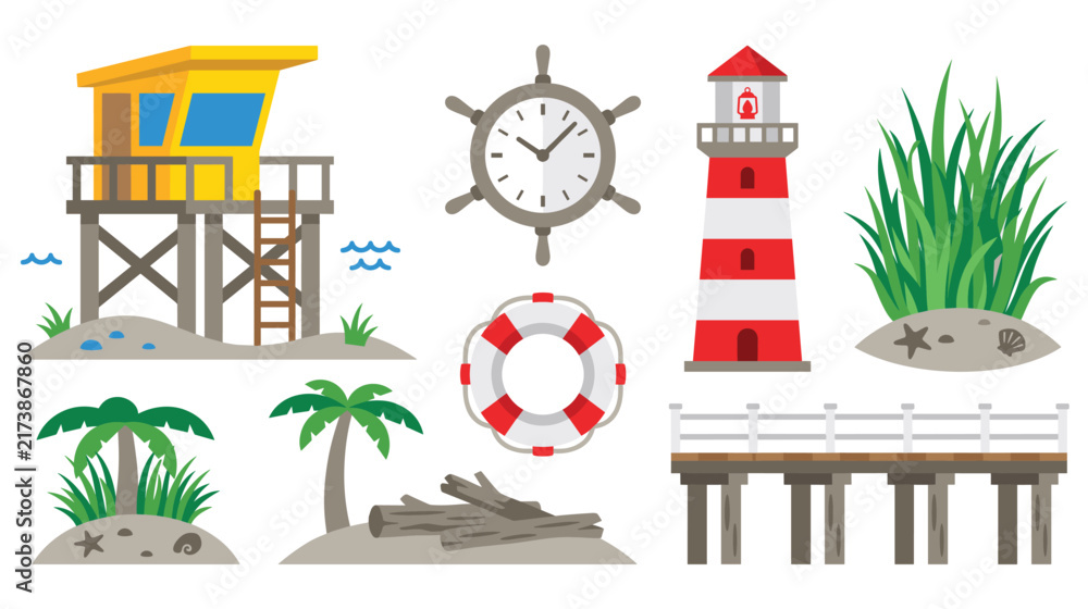 Obraz premium Summer beach objects set with lifeguard tower, lighthouse, palm trees, and steering wheel.