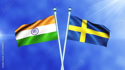 India and Sweden Flag Relations Concept with Crossed National Flags Waving on Pole Loop Against a Bright Cloudy Sky