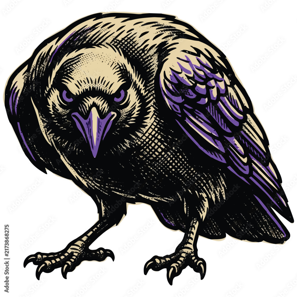 Naklejka premium Hand-drawn gothic black raven illustration with purple highlights