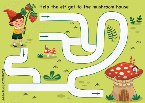 Gnome Maze Activity – Help the Elf Find the Mushroom House – Kids Printable Maze. A fun and colorful maze activity for kids featuring a cute little elf in a whimsical strawberry garden. 