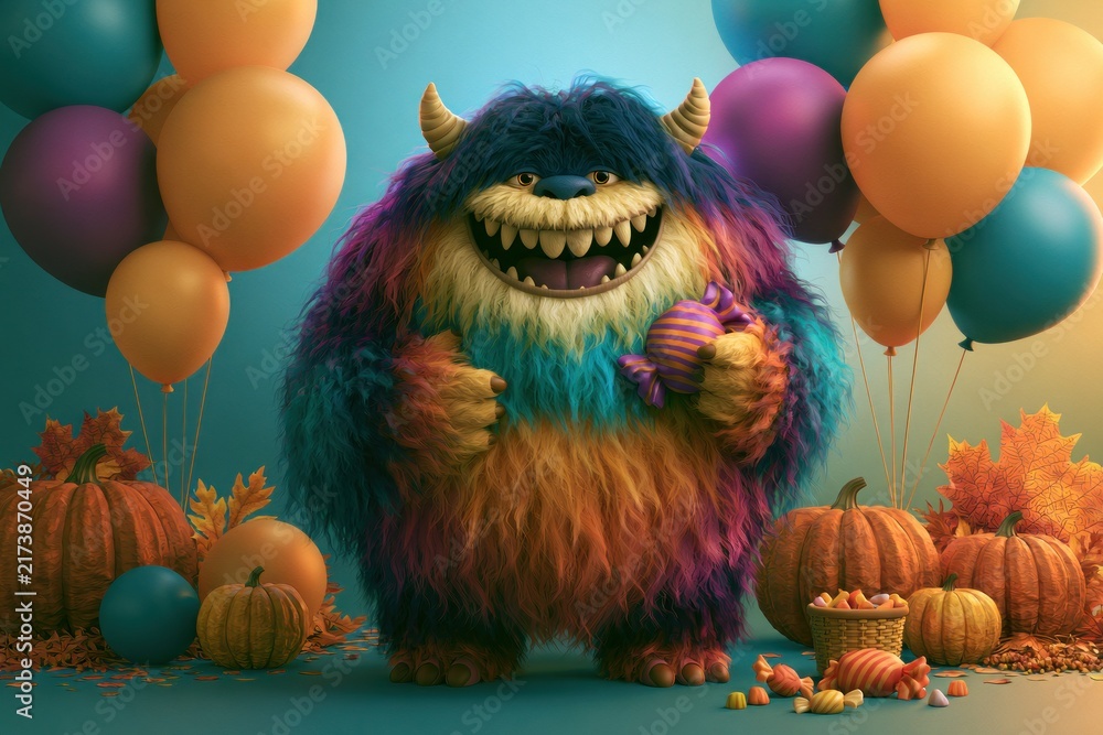 Naklejka premium Colorful Fluffy Monster Holding Candy at Halloween Celebration