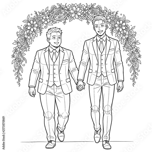 Hand drawn sketch of grooms walking from arch front view.