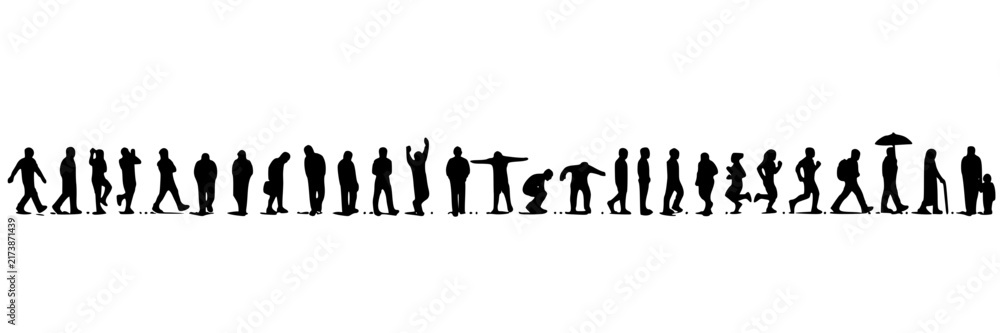 Fototapeta premium Silhouetted Figures Walking in a Single File, Minimalist Line Art Illustration Featuring Silhouette, Vector