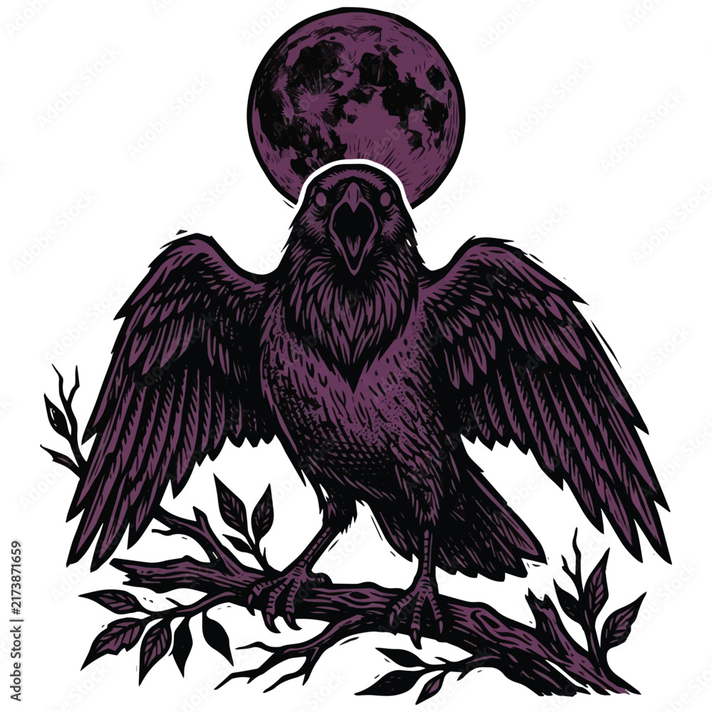 Naklejka premium Gothic Raven Perched on Branch with Full Moon Halo Dark Crow Vector Illustration