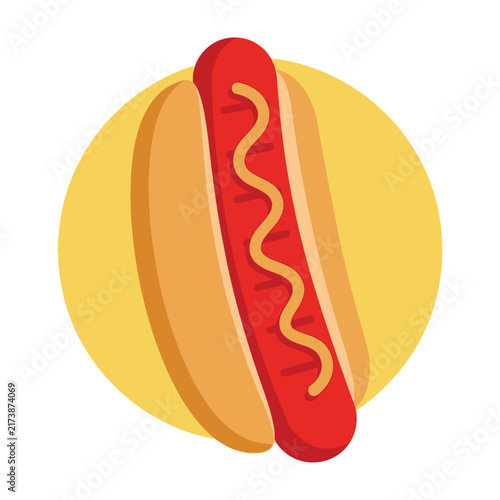 Quadro su tela Hot dog with ketchup on a bun against a yellow background