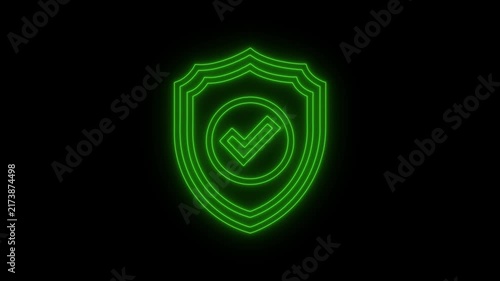 Neon green shield icon with checkmark symbol glowing on black background.