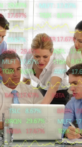Animation of stock market data processing over diverse businesspeople discussing together at office