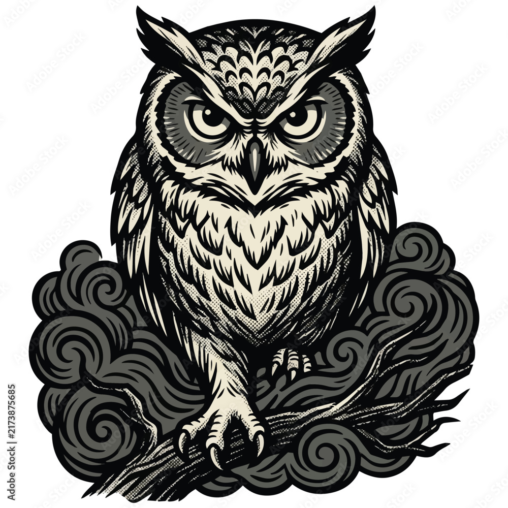 Fototapeta premium Detailed engraving style illustration of a fierce owl perched on a tree branch among clouds