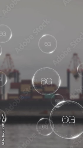 Animation of 6g and drone with box over cargo ship