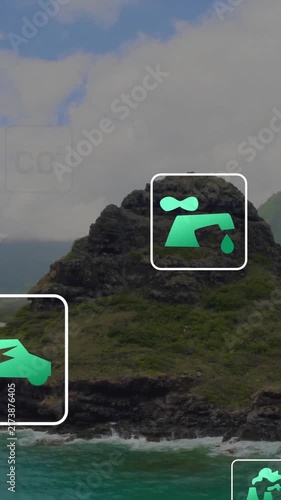 Animation of ecology icons over lake landscape