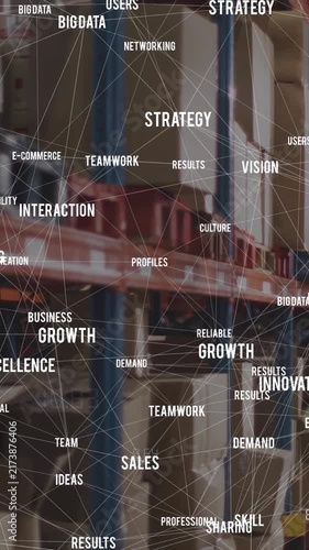 Animation of network of connections with texts over warehouse