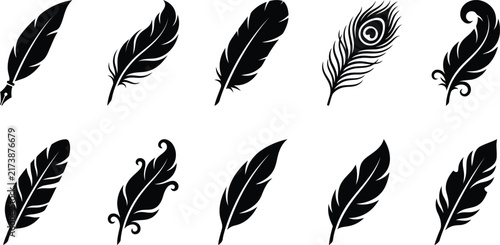 Feather Silhouette Icons Vector Set, Bird Feathers and Quill Pen Elements for Logo, Branding, Tattoo, and Graphic Design