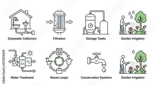 Greywater recycling process vector graphic illustration showing plumbing filtration tanks and sustainable irrigation system design components