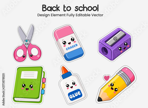 Cute school supply sticker set with colorful cartoon characters including scissors eraser sharpener book glue and pencil