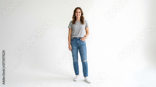 Smiling young woman in gray t-shirt and ripped jeans standing full body on white background studio portrait