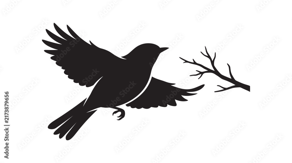 Fototapeta premium A bird carrying a branch is depicted in a black silhouette