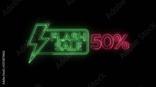 Flash sale fifty percent neon sign glowing on black for advertising.