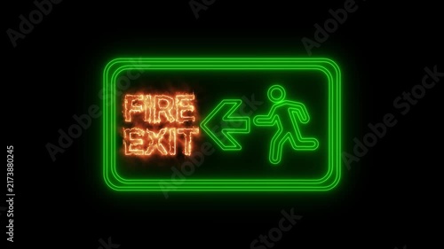 Neon fire exit sign glowing in darkness dynamic motion safety emergency.
