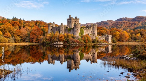 Historical Medieval Castle Surrounded by Water Lake in Autumn Forest View