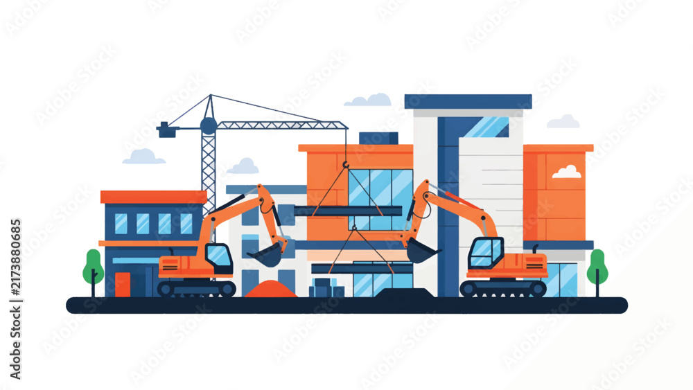 Naklejka premium Construction Excavators Building Residential Complex