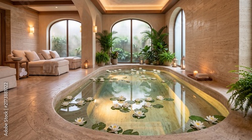 Luxury Indoor Swimming Pool Spa Interior with Arched Windows and Warm Lighting