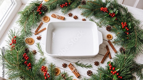 Festive Christmas Table Setting with White Baking Dish Wreath and Pine Cones