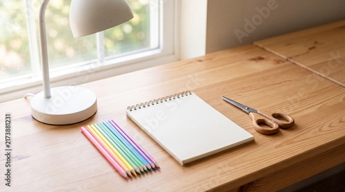 Clean Minimalist Student Desk with Lamp Scissors and Blank Notebook
