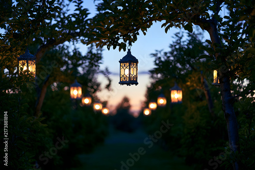 Warm glowing lanterns hang from trees in an orchard at twilight, creating a serene and enchanting atmosphere.