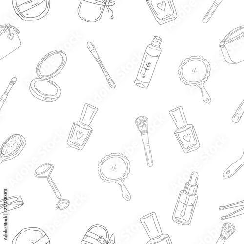 Makeup Tools Seamless Pattern Collection. Hand Drawn Beauty Brushes, Mirrors and Cosmetic Accessories