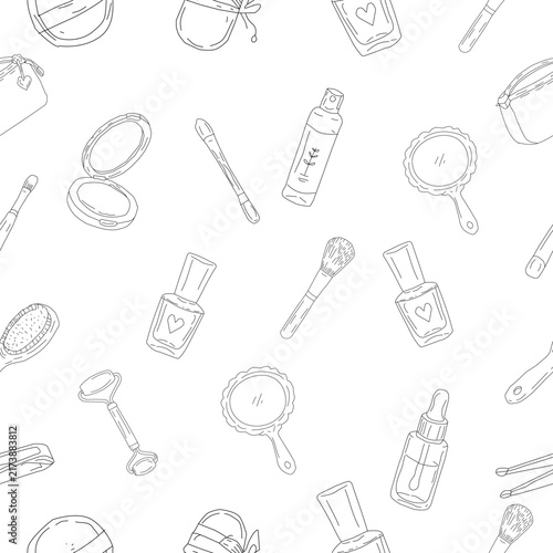 Makeup Tools Seamless Pattern Collection. Hand Drawn Beauty Brushes, Mirrors and Cosmetic Accessories
