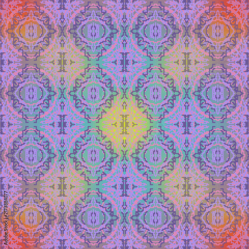 Abstract geometric pattern with symmetrical ornamental motifs in pastel purple pink turquoise and yellow creating a psychedelic decorative texture suitable for textile design wallpaper backgrounds fab