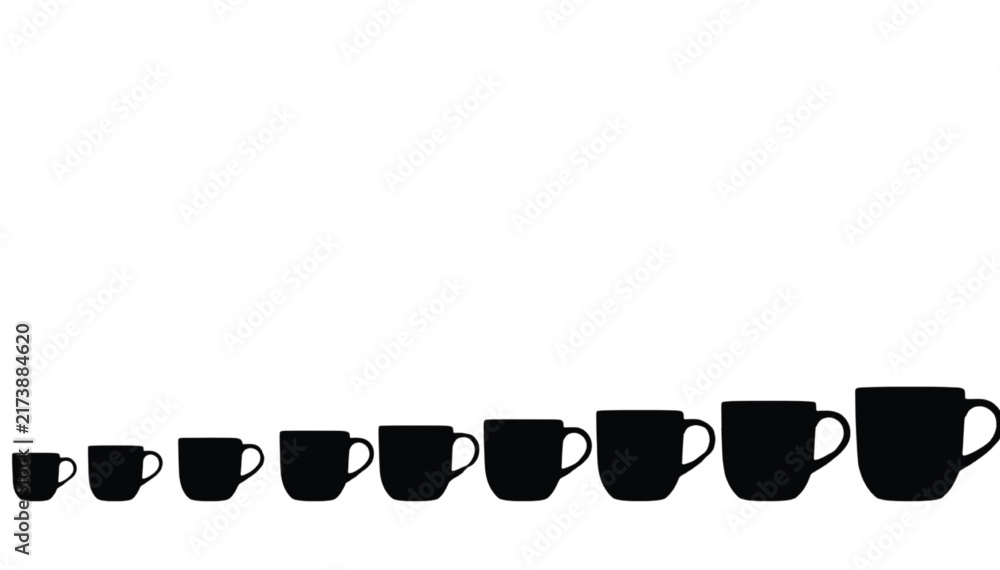 Obraz premium Mugs arranged in a progressive size sequence represent a growth concept from small to large containers, providing a clean visual metaphor for scaling production or increasing volume in business.