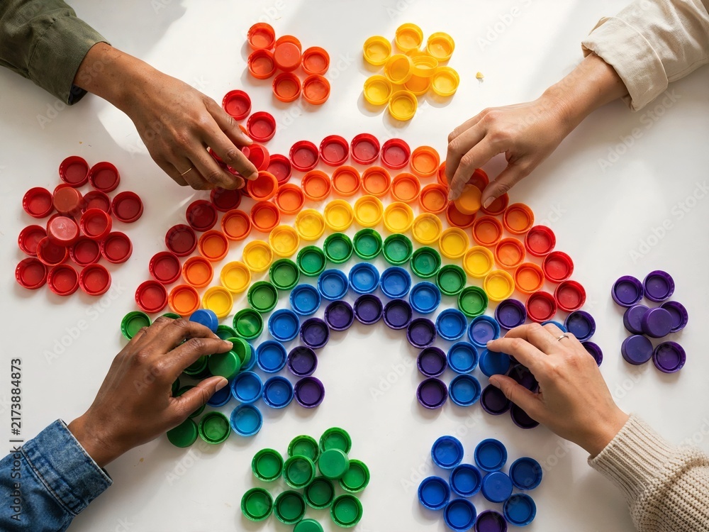 Obraz premium Top down view of diverse multiracial hands arranging colorful plastic bottle caps into a rainbow shape on a white table promoting environmental awareness recycling and teamwork