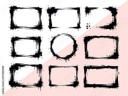 Grunge Black Ink Frames Collection, Hand Painted Distressed Border and Splash Square Shapes