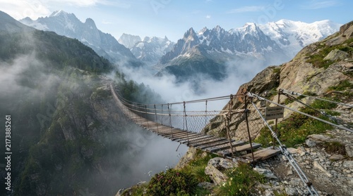 Dramatic suspension bridge crossing a deep mountain