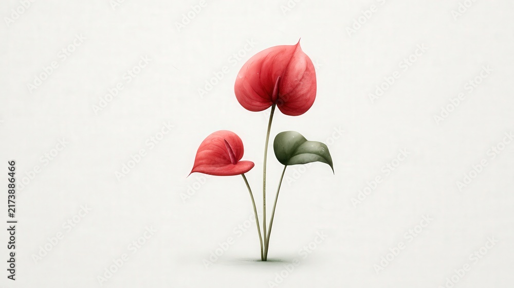 Fototapeta premium Red Heart Shaped Flowers Watercolor Botanical Illustration