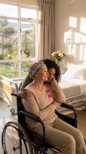 Woman patient, wearing headscarf and pink ribbon, receives tender embrace from young adult companion, navigating cancer therapy, disease recovery, and survival strength.