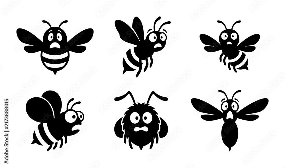 Fototapeta premium Surprised Bee Vector Icons, Cartoon Insect Characters, Funny Flying Bugs, Black and White Graphic Elements for Design
