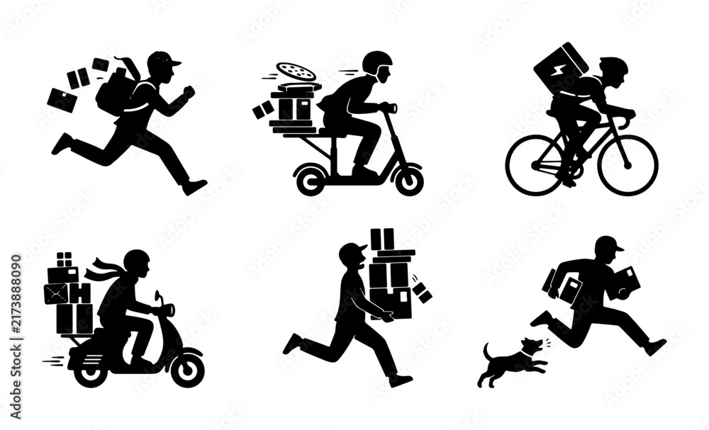 Obraz premium Delivery Service Icons: Fast Courier, Scooter, Bicycle, Motorcycle, Runner, Dog Chase, Package Transport, Logistics, E-commerce Shipping, Urban Mobility