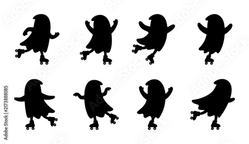 Ghost Roller Skater Silhouettes, Spooky Halloween Character Poses, Fun Animated Spirit Motion Graphics, Black and White Vector Icons