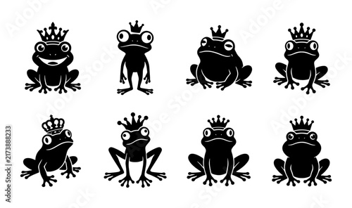 Royal Frog Collection, Eight Black Silhouette Vector Icons with Crowns, Cute Amphibian Characters for Fantasy and Fairy Tale Designs