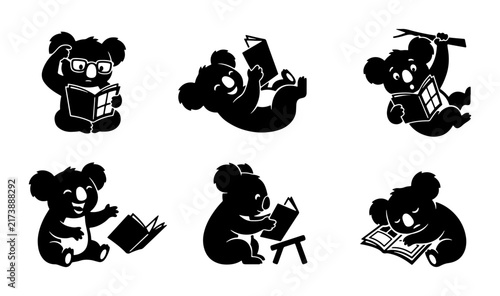 Canvas Print Charming Koala Reading Icons, Cute Animal Book Lover Silhouettes, Adorable Wildl